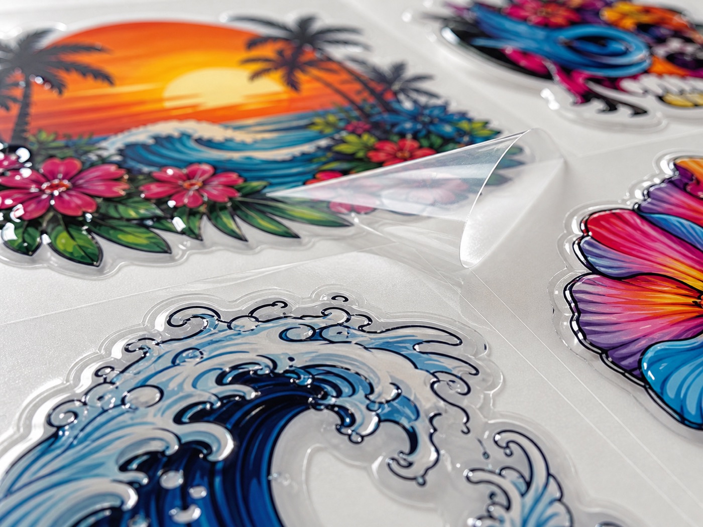 Close-up of a vibrant full-color transfer sheet mid-peel showing wave and floral artwork